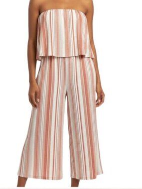 Bebop Strapless Wide-Leg Jumpsuit Size Small – White, Rust & Blush Stripes